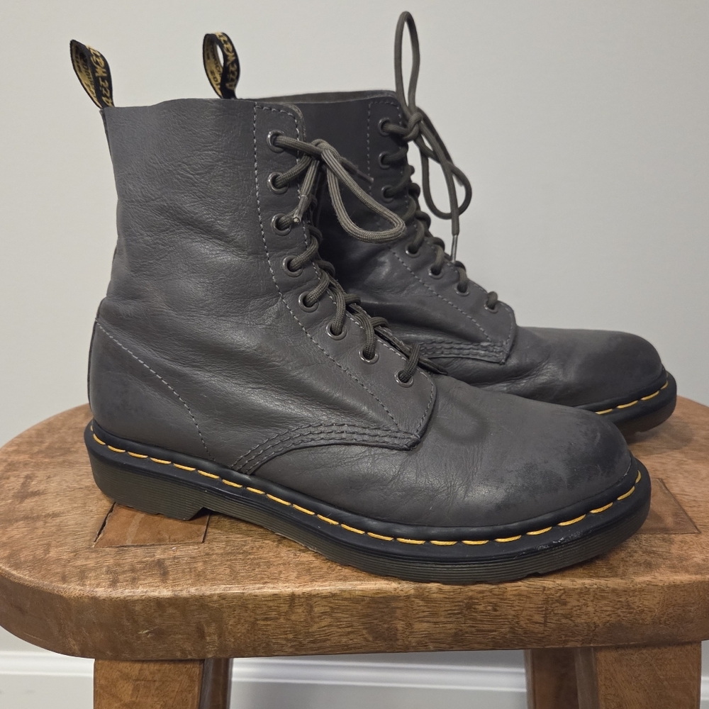 Dr. Martens Black Leather 8-Eye Combat Boots with Yellow Stitching